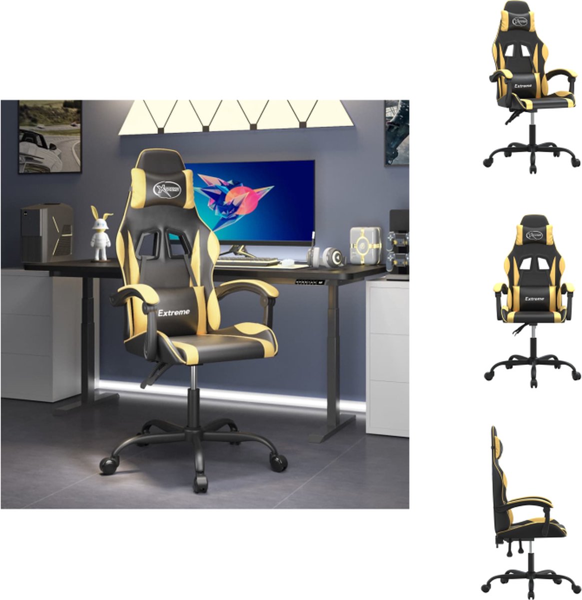vidaXL Gamestoel - Zwart - goud - Kunstleer - Verstelbaar - Inclusief extra kussens - Duurzaam materiaal - Inclusief montagehandleiding - Bureaustoel
