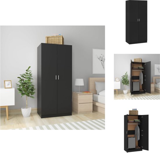 vidaXL Kledingkast zwart bewerkt hout 80x52x180 cm met 2 deuren en hangstang - Kast
