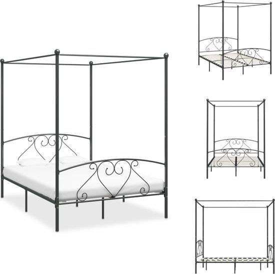 vidaXL Hemelbedframe - Grijs Metaal - 209 x 147.5 x 198 cm - Massief en duurzaam - Inclusief lattenbodem - Geschikt voor matras 140 x 200 cm - Bed