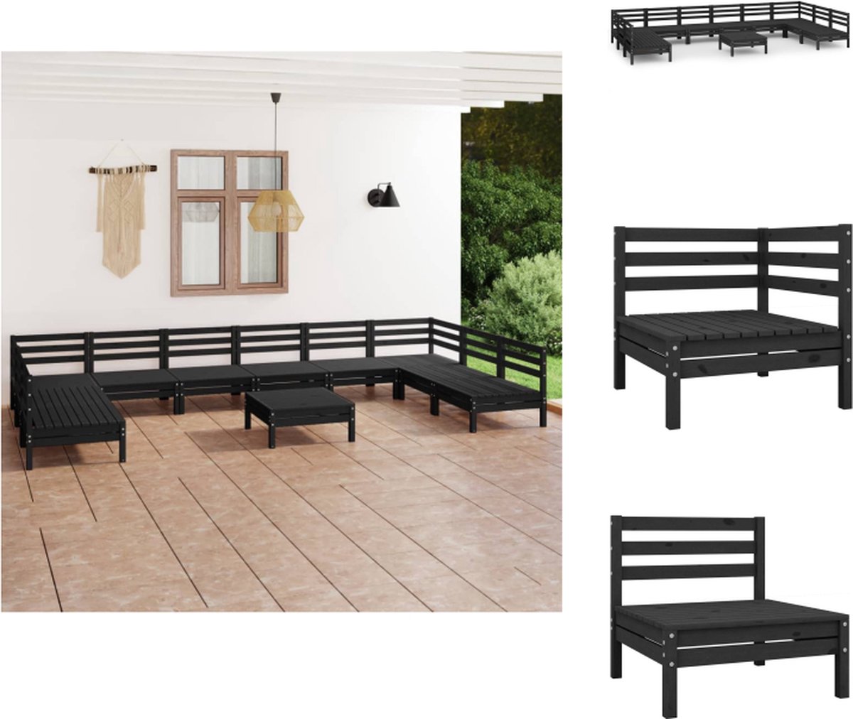 VidaXL Loungeset hout zwart 63.5x63.5x62.5 cm modulair design inclusief 2 hoekbanken 8 middenbanken en 1 tafel voetenbank Tuinset