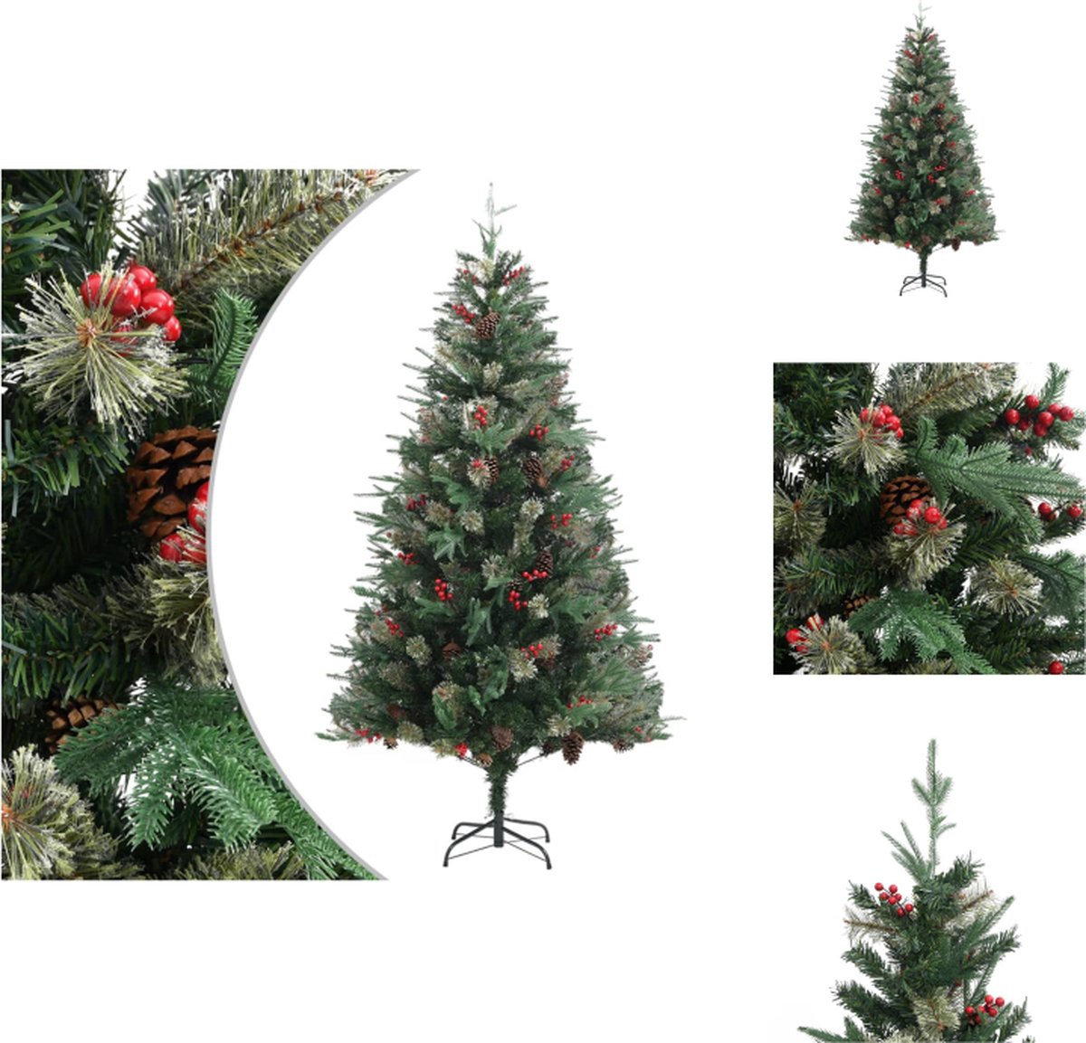 vidaXL Kerstboom met takken - PVC/PE - 195 cm - Groen - 684 PVC/117 PE uiteinden - 30 kleine dennenappels/30 grote dennenappels/60 rode bessen - Scharnierende constructie - Eenvoudige montage - Met standaard - vidaXL - Decoratieve kerstboom