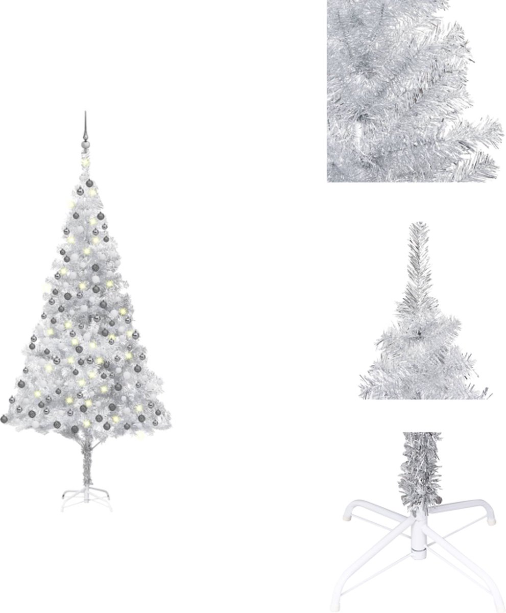 vidaXL Kunstkerstboom - 240 cm - Zilver - PET - Met LED-verlichting en kerstdecoraties - Decoratieve kerstboom