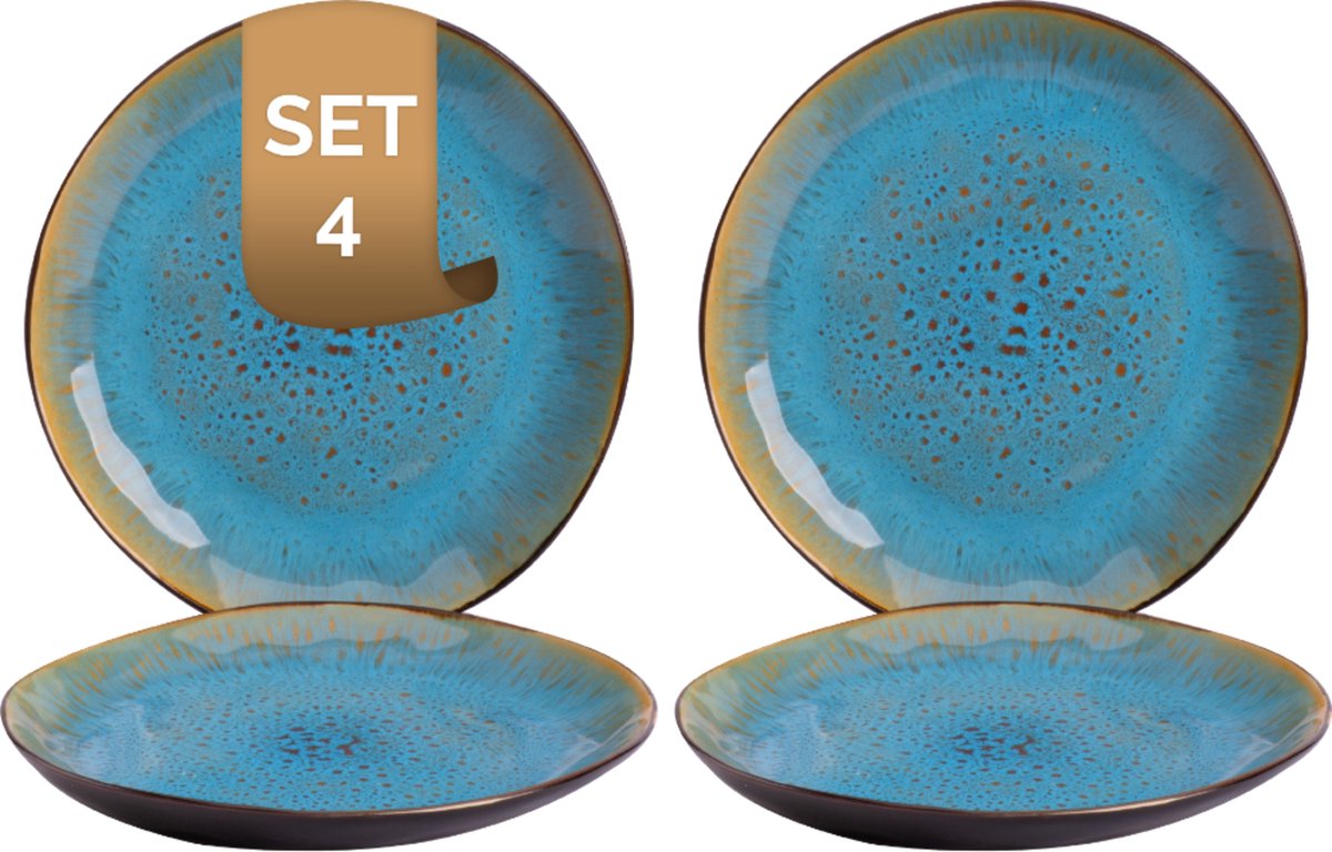 Palmer - Lotus - Bord - 4 stuks - ø 20,5 cm - Turquoise/Zwart - Stoneware - Bordenset