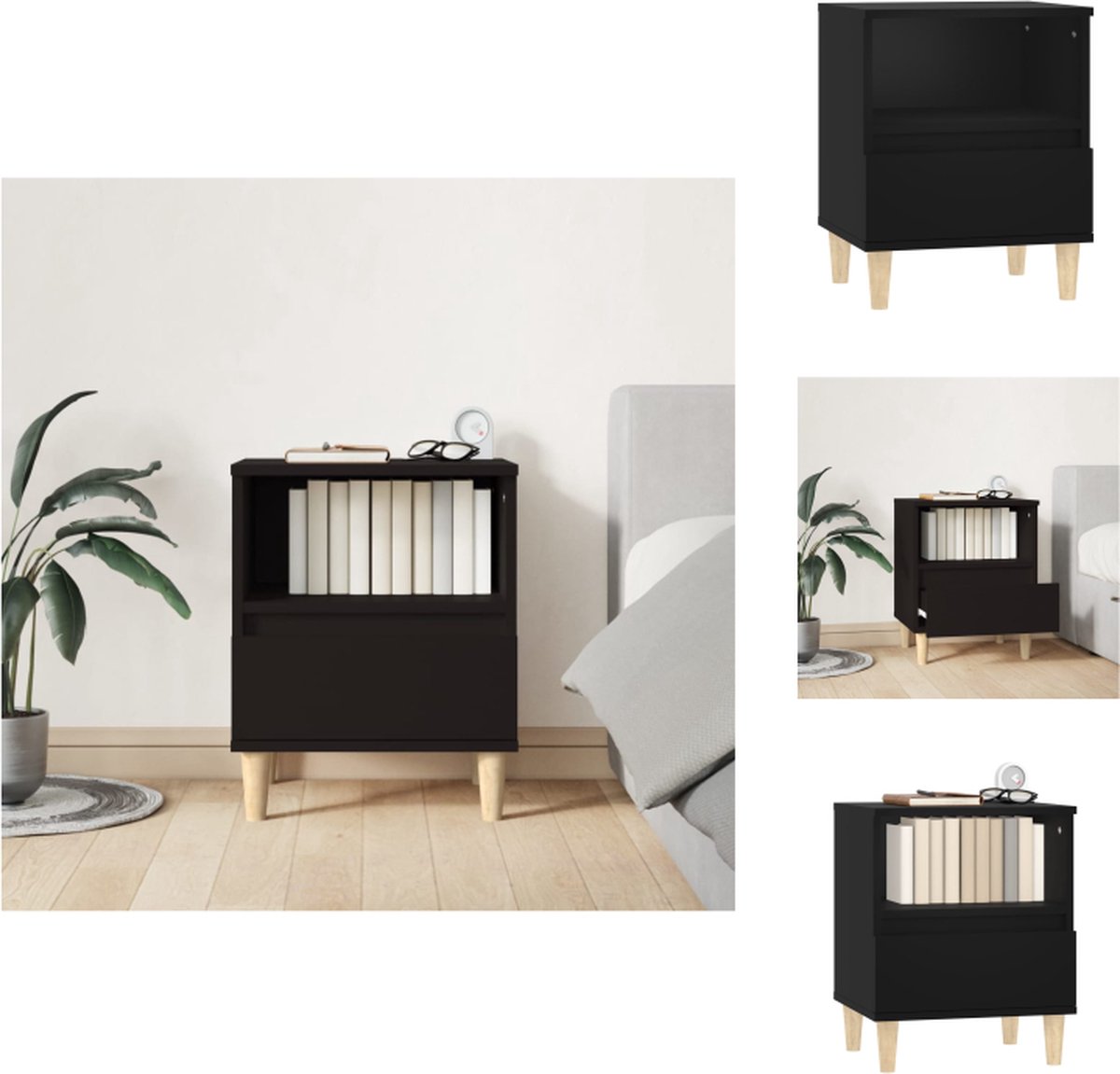 VidaXL Nachtkastje Elegant ontwerp Voldoende opbergruimte Houten poten Stabiel en stevig Zwart 40x35x50cm Kast
