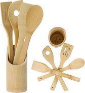 Happy Tears | Bamboe Keukengerei Set met Houder | Spatelset | Keuken Spatel | Kookgerei Set | Duurzaam Bamboe | Spatels | 5 Stuks - 30cm Lang