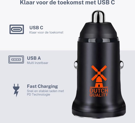 Autolader USB C + geschikt voor Apple iPhone 6/7/8/X/XS/XR/11/12/13/14/SE/Mini/Pro/Max dankzij lightning kabel - Auto oplader USB - USB C autolader 2 poorten - Auto lader - Sigarettenaansteker USB oplader auto - Dutch Quality