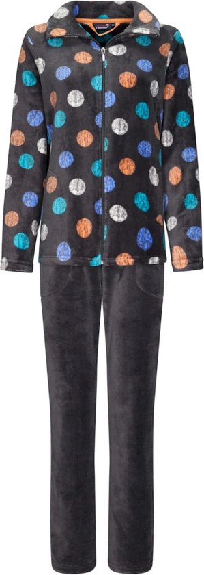 Grijze fleece pyjamabroek met veelkleurige, abstracte stippen op het donkere jasje.