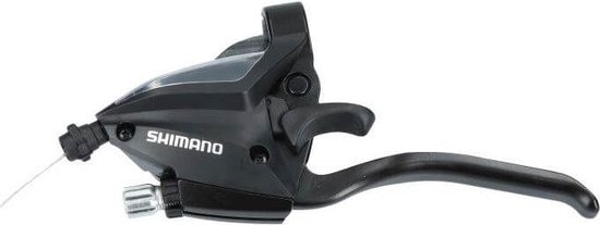 Zwarte Shimano shifter met remkabel en 8 versnellingen.