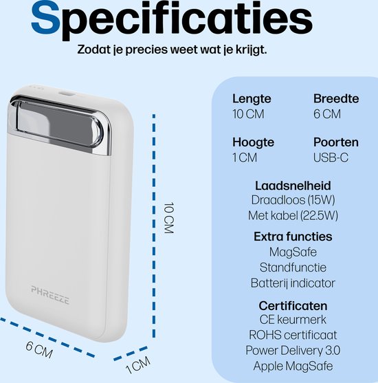 Phreeze Magnetische Powerbank 5000 mAh - Geschikt voor MagSafe - Powerbank Snellader - LED - Draadloos Opladen