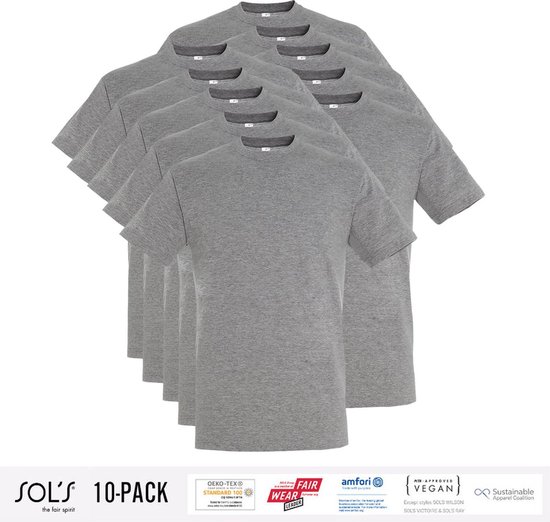 10 Pack Sol's Heren T-Shirt 100% biologisch katoen Ronde hals grijs Maat 3XL