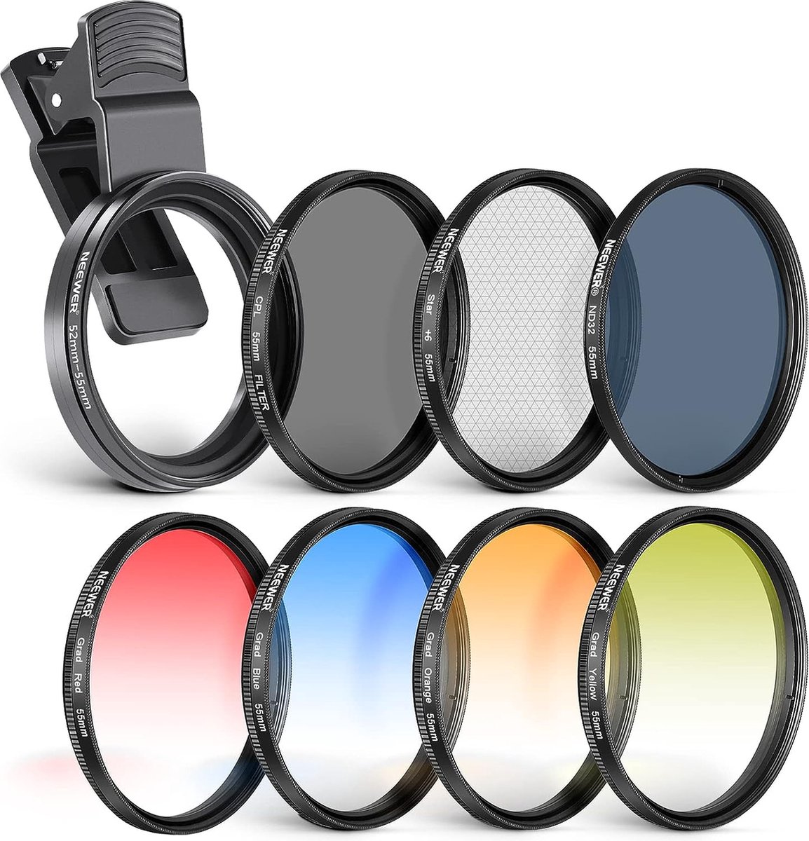 Neewer® - 55mm Lens Filter Set met Mobiele Telefoon Lensklem - CPL, ND32, 6-Punts Sterfilter, 4 Gradaties Kleurenfilter - Compatibel met iPhone 14 Pro Max 13 12 11 X Xs Samsung Huawei Canon Nikon Sony