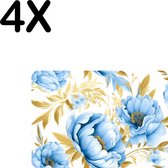 BWK Luxe Placemat - Patroon van Blauwe Bloemen met Gouden Bladeren - Set van 4 Placemats - 35x25 cm - 2 mm dik Vinyl - Anti Slip - Afneembaar