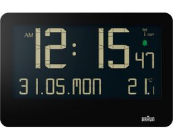 Braun BC14B-DCF - Wandklok - Tafelklok - Digitaal - LCD - Radiogestuurde tijdsaanduiding - Kalender- en temperatuurfunctie - Pieptoonalarm • 12/24H - Uitklapbare standaard - Wekkerfunctie - Snooze - Zwart