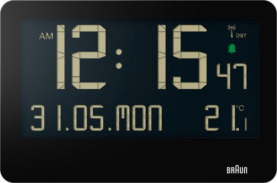Braun BC14B-DCF - Wandklok - Tafelklok - Digitaal - LCD - Radiogestuurde tijdsaanduiding - Kalender- en temperatuurfunctie - Pieptoonalarm • 12/24H - Uitklapbare standaard - Wekkerfunctie - Snooze - Zwart