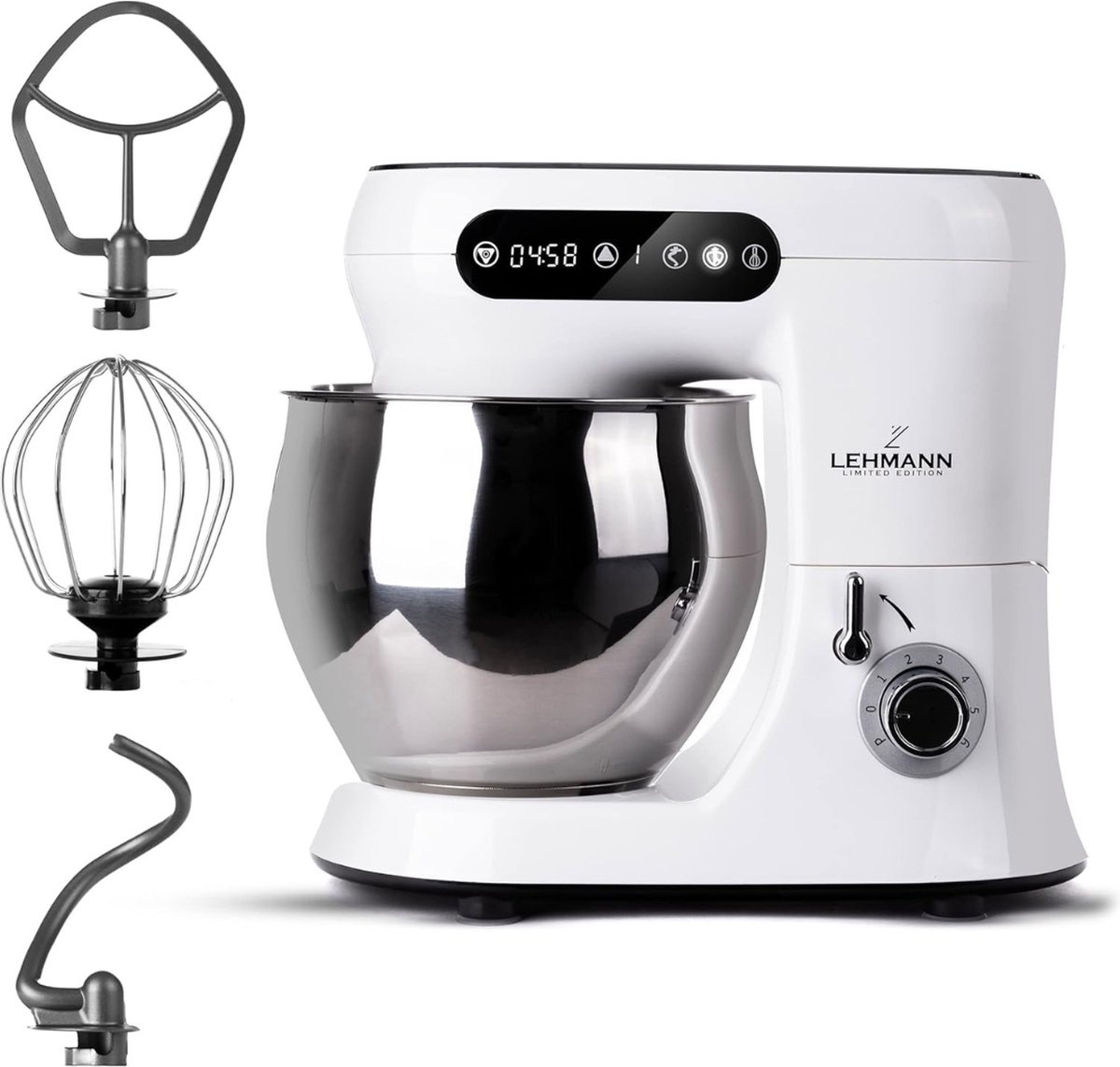HEINRICHS Keukenmachine, kneedmachine, deegmachine, roermachine, 1500 W, keukenapparaat, garde, kneedhaak, garde, 6 instelbare snelheden, XXL, 8 l, roestvrijstalen kom, geluidsarm (zilver