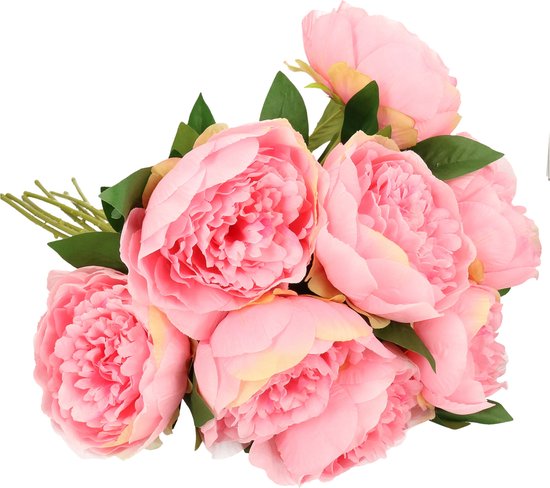 Mica Decorations Kunstbloemen boeket pioenroos - 8x - roze - 76 cm - polyester - decoratie bloemen
