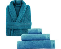 Naf Naf Luxueuse Unisex Badjas met Badset 100% Katoen - Comfortabel & Warm BLAUW MAAT L/XL Naf Naf Luxueuse Unisex Badjas met Badset 100% Katoen - Comfortabel & Warm BLAUW MAAT L/XL