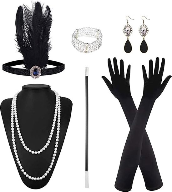 1920 Accessoires Set, 20s kostuum accessoires set, vintage veer haarband lange handschoenen parel ketting oorbellen handheld rekwisieten, 20s accessoires voor vrouwen, voor Roaring 20s Party