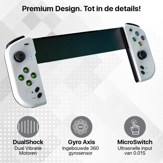 Witte Nintendo Switch controller met groene knoppen en zwarte joystick.