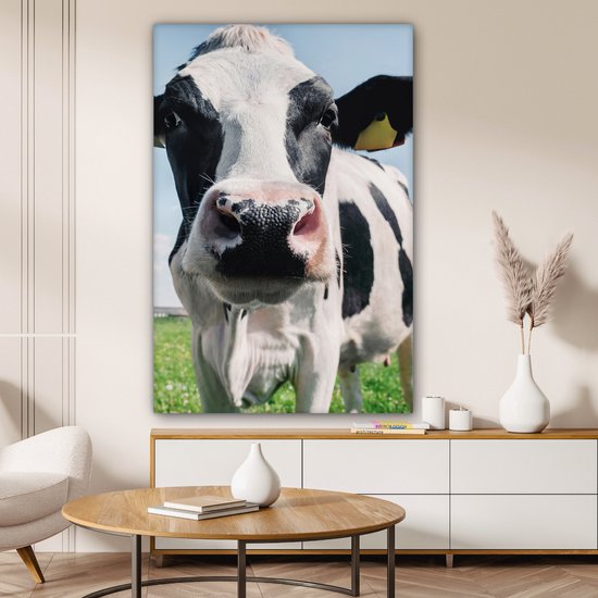 Toile - Vache - Zwart et blanc - Gros plan - Nature - Animal - Peinture sur toile vache - Décoration murale - 90x140 cm