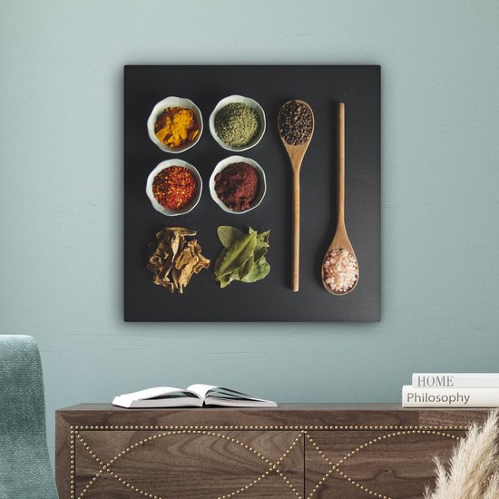 Peinture sur Toile Louche - Épices - Herbes - Vert - Marron - Rustique - 50x50 cm - Décoration murale