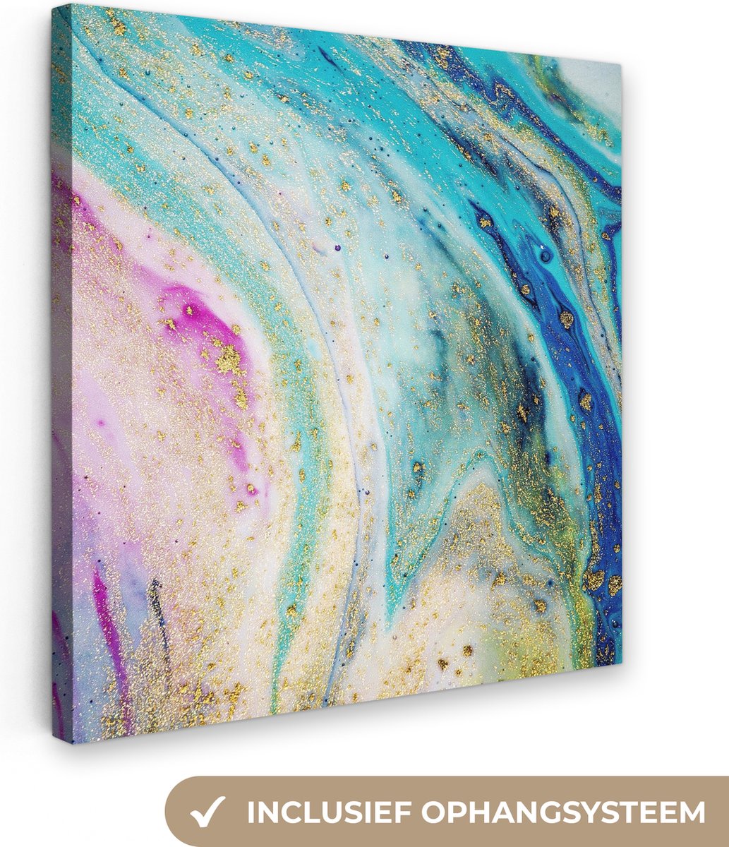 Canvas schilderij 50x50 cm - Wanddecoratie Marmer - Verf - Regenboog - Muurdecoratie woonk