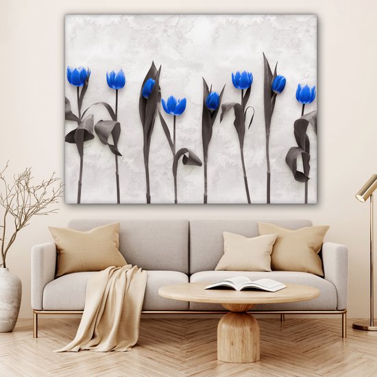 Canvas schilderij 160x120 cm - Wanddecoratie Bloemen - Tulpen - Blauw - Muurdecoratie woonkamer - Slaapkamer decoratie - Kamer accessoires - Schilderijen
