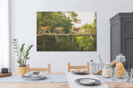 Quatre singes marchant sur toile branche 2cm 140x90 cm - Tirage photo sur toile (Décoration murale salon / chambre) / Animaux sauvages Peintures sur toile