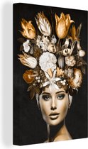 Canvas Schilderij Vrouw - bloemen - goud - 40x60 cm - Wanddecoratie