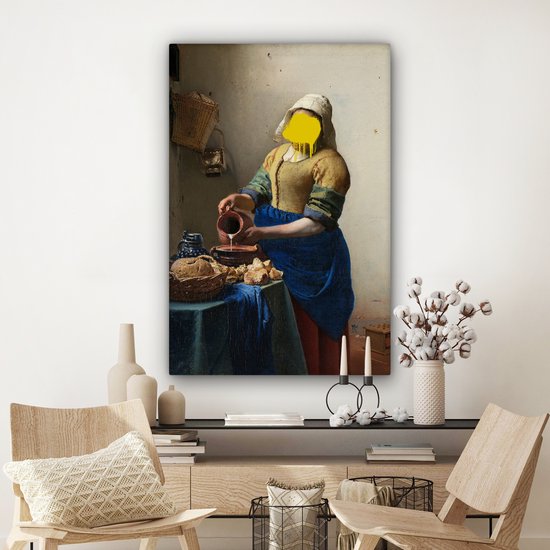 Traité du vieux maître Johannes Vermeer avec une goutte de peinture jaune 90x140 cm - Tirage photo sur toile (Décoration murale salon / chambre)
