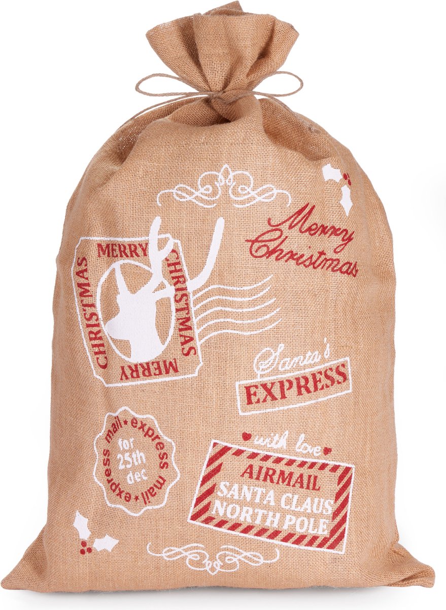 BRUBAKER Kerstzak Santa Express - 80 cm Cadeaukzak Kerstmis - Kerstman Jute Zak met Koord voor het Inpakken van Cadeaus - Vrolijk Kerstfeest
