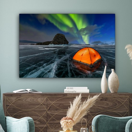 Tente sur la glace sous les aurores boréales toile 2cm 140x90 cm - Tirage photo sur toile (Décoration murale salon / chambre) / Phénomènes naturels Peintures sur toile