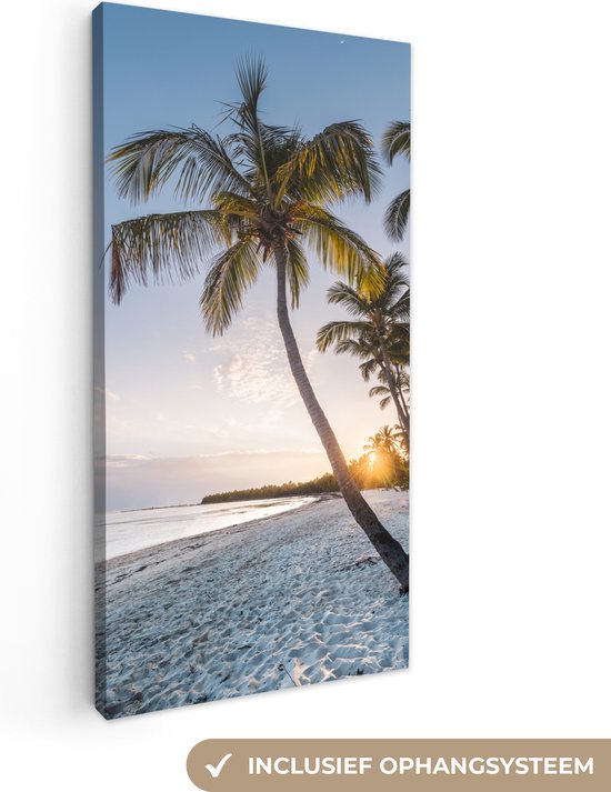 Canvas Schilderij Strand - Zonsondergang - Palmboom - 20x40 cm - Wanddecoratie