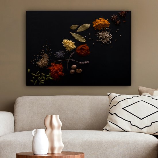 Canvas Schilderij Kruiden - Zwart - Specerijen - Keuken - Koken - 80x60 cm - Wanddecoratie
