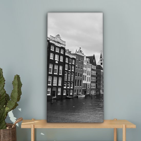 Canvas Schilderij Amsterdamse grachten zwart-wit fotoprint - 40x80 cm - Wanddecoratie
