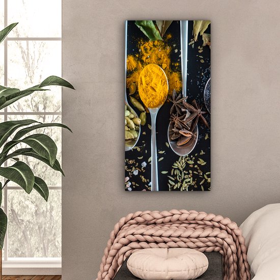 Canvas Schilderij Lepel - Specerijen - Kruiden - Eten - Tafel - 40x80 cm - Wanddecoratie