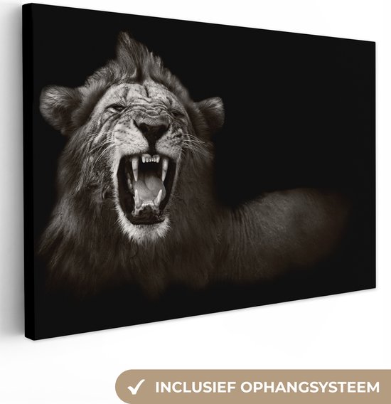 Canvas Schilderij Leeuw - Leeuw Canvas - Dieren - Wild - Hout lijst - Zwart - Wit - 180x120 cm - Wanddecoratie
