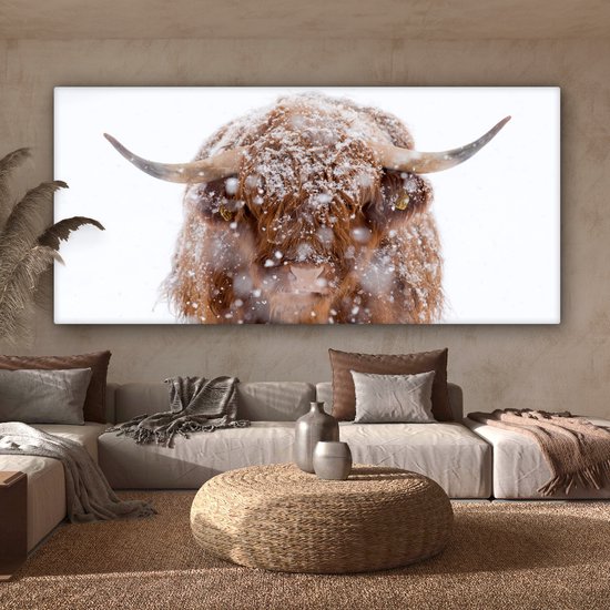 Peinture sur toile Highlander écossais - Cornes - Neige - 160x80 cm - Décoration murale