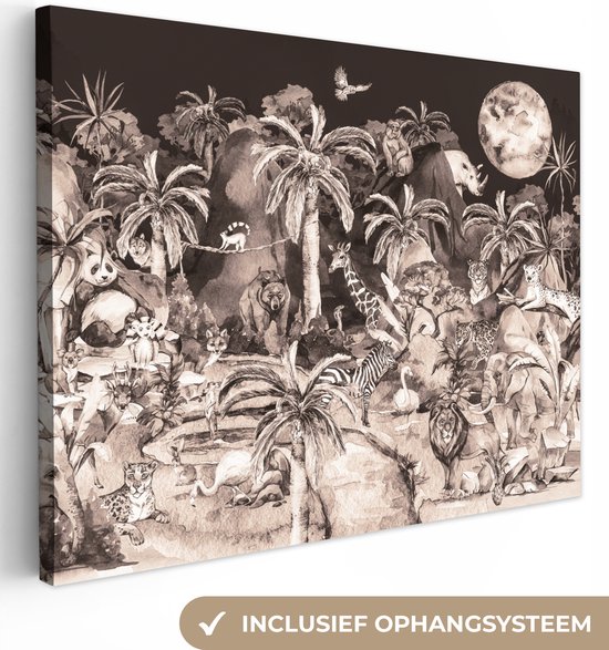 Canvas - Kinderen - Dieren - Jungle - Nacht - Palmboom - Bergen - Canvas schilderij - Schilderijen woonkamer - 80x60 cm