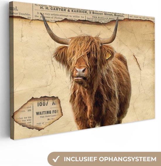 Wanddecoratie - Schotse hooglander - Retro - Krant - Canvas Schilderij - 150x100 cm