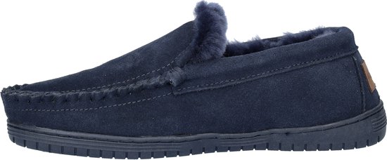 Donkerblauwe suède slof met bont voering, zichtbare stiksels en bruin label.