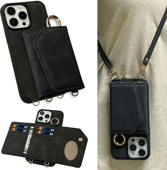 Casemania Hoesje Geschikt voor Apple iPhone 15 Pro Max Charcoal Gray - Luxe Back Cover 2 in 1 met Koord - Wallet Case geschikt voor Magsafe - Pasjeshouder