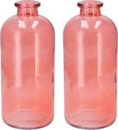 DK Design Bloemenvaas fles model - 2x - helder gekleurd glas - koraal roze - D11 x H25 cm