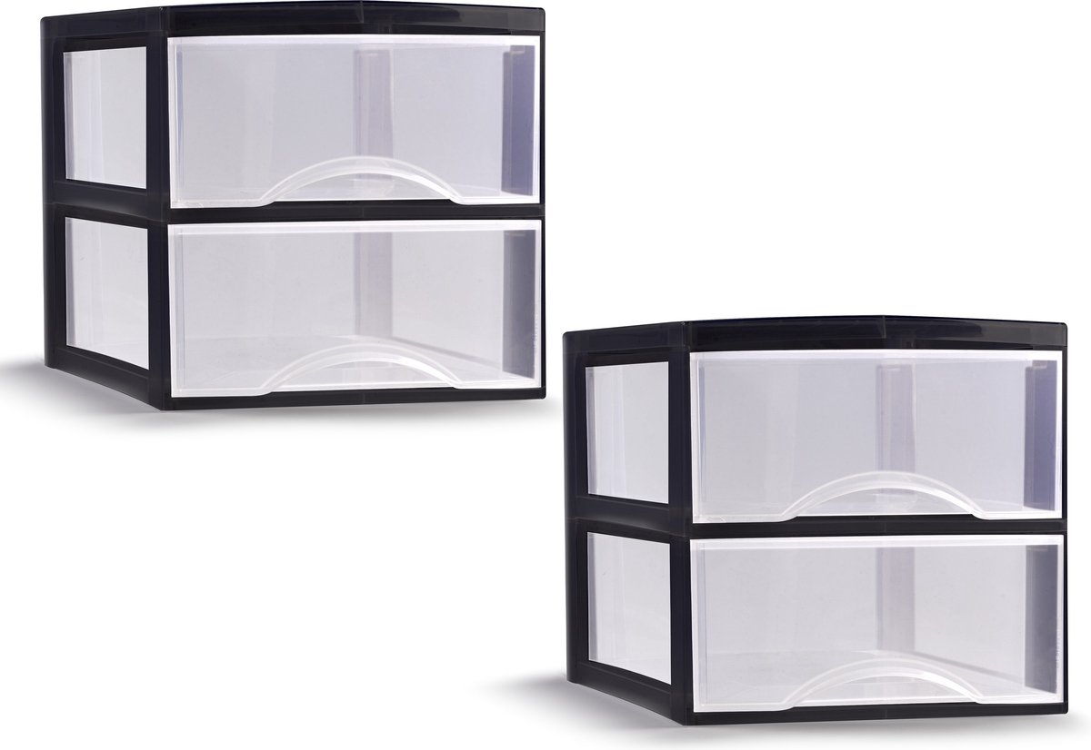 PlasticForte ladeblokje/bureau organizer - 2x - 2 lades - transparant/zwart - L26 x B36 x H25 cm