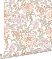 ESTAhome papier peint fleurs vintage rose tendre, vert grisé et violet lilas - 139612 - 0,53 x 10,05 m