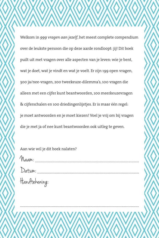 Introductiepagina van '999 vragen aan jezelf' op een blauw ruitpatroon.