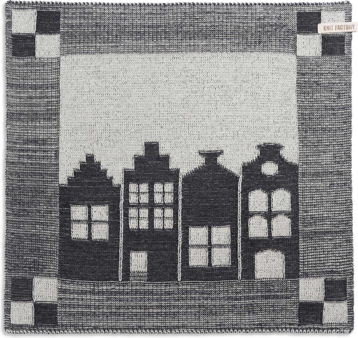 Knit Factory Gebreide Keukendoek - Keukenhanddoek House - Handdoek - Vaatdoek - Keuken doek - Hollandse huisjes aanzicht - Ecru/Antraciet - Traditionele look - 50x50 cm