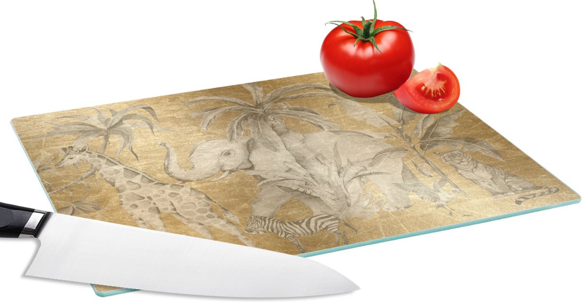 Glazen Snijplank - 28x20 - Jungle - Kinderen - Goud - Kinderen - Dieren - Snijplanken Glas