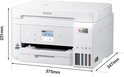 Witte Epson EcoTank-printer met gesloten klep. Afmetingen 375mm x 231mm x 347mm worden getoond. Inkttanks zijn zichtbaar.