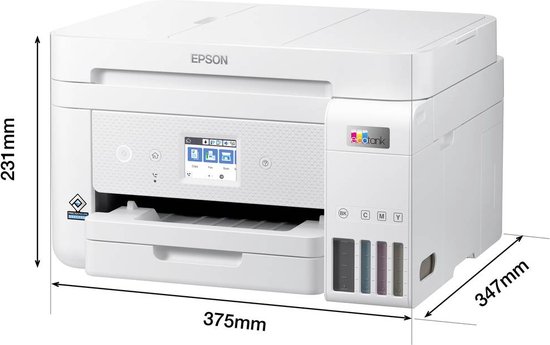 Witte Epson EcoTank-printer met gesloten klep. Afmetingen 375mm x 231mm x 347mm worden getoond. Inkttanks zijn zichtbaar.